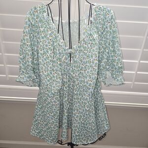 SHEIN Floral Ruffle Blouse - Blue and Green